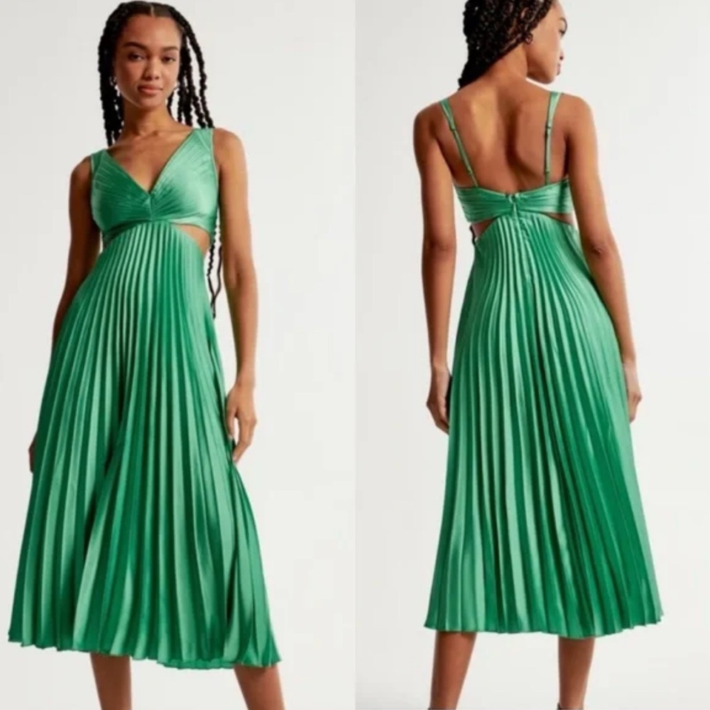 Abercrombie & Fitch Emerald Green Pleated Midi Dress with Cutout